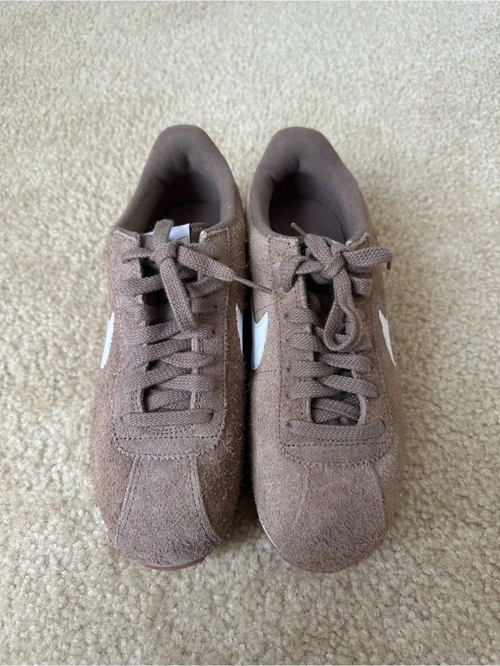 Nike Women’s Cortez Brown Suede Sneakers with White Swoosh